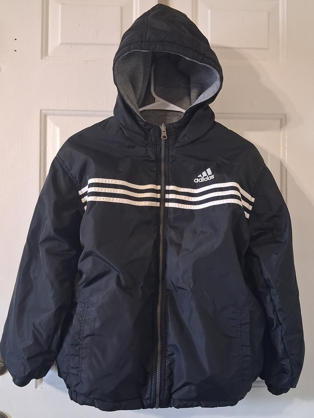 Adidas Kids Black And Grey Reversible Hooded Jacket with White Stripes
